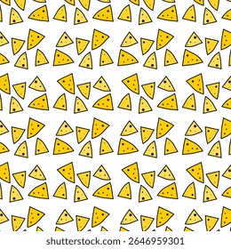 Padrão contínuo com chips nacho desenhos animados muito no fundo branco. Comida mexicana.