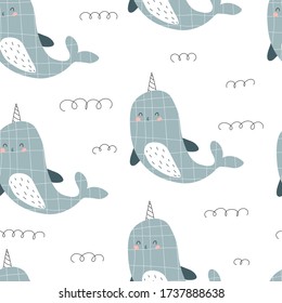 seamless pattern with cartoon narwhal, decor elements. colorful vector for kids, flat style. Baby design for fabric, textile, print, wrapper.
