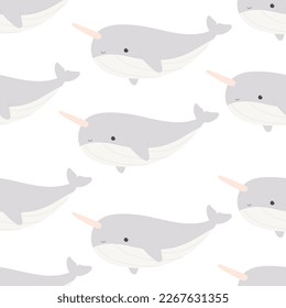 Seamless pattern with cartoon narwhal, decor elements. Colorful vector flat for kids. hand drawing. baby design for fabric, print, wrapper, textile