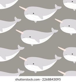 Seamless pattern with cartoon narwhal, decor elements. Colorful vector flat for kids. hand drawing. baby design for fabric, print, wrapper, textile