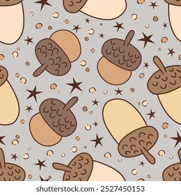 Seamless pattern cartoon of natural brown acorns in a hand drawn style, Colors of fall, autumn and Thanksgiving. Pattern design for fabric, wrapping paper, wallpaper and fashion prints.