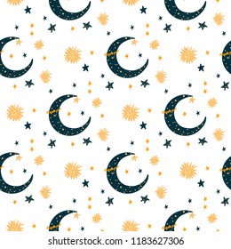 Seamless pattern with cartoon new moon character & stars. Yellow color on blue background. For kids. Ideal for textile.
