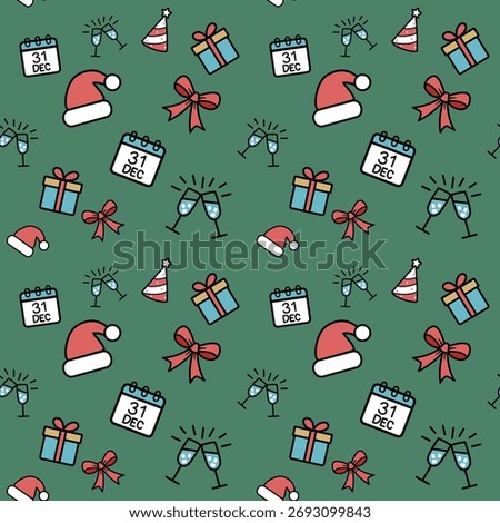 A seamless pattern with a cartoon New Year and Christmas icons on a dark green background. This simple design is perfect for holiday wrapping paper, fabric, or digital backgrounds.