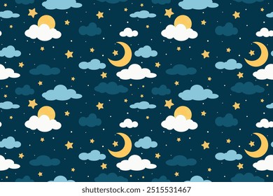 Padrão contínuo com desenho animado céu noturno, nuvens, lua crescente, estrelas. Cartaz panorâmico de crianças cósmicas, papel de parede doce sonho. Ilustração vetorial	