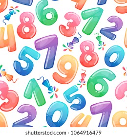 Seamless pattern with cartoon numbers and fireworks. Rainbow candy and glossy funny cartoon symbols. Different mathematics symbols