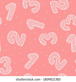 Seamless pattern with cartoon numbers. White outline on a pink background. Vector illustration in sketch style. Hand-drawn.