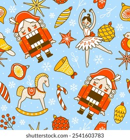 Seamless pattern with cartoon nutcracker and Christmas tree decorations on blue background for happy winter holidays design