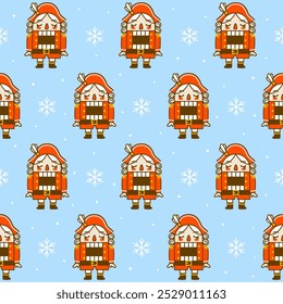 Seamless pattern with cartoon nutcrackers and snowflakes on blue background for happy New Year and Christmas textile and wrapping paper design