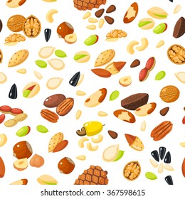 Seamless pattern with cartoon nuts - hazelnut, almond, pistachio, pecan, cashew, brazil nut, walnut, peanut, coconut, pumpkin seeds, sunflower seeds and pine nuts. Vector illustration, eps 10.