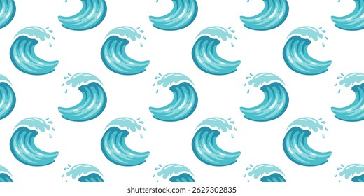 Seamless pattern with cartoon ocean waves on white background. Light summer design for wrapping, textiles and beach products