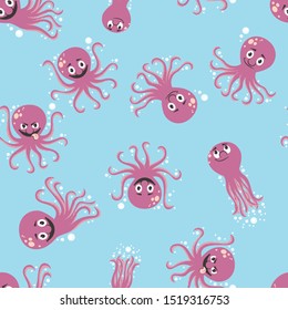 Seamless pattern with cartoon octopus in different poses.