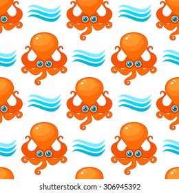 Seamless pattern with cartoon octopus icons