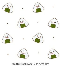 Nahtloses Muster mit Cartoon onigiri mit glücklichen Gesichtern - niedlicher Hintergrund mit traditionellem japanischem Essen auf weiß 