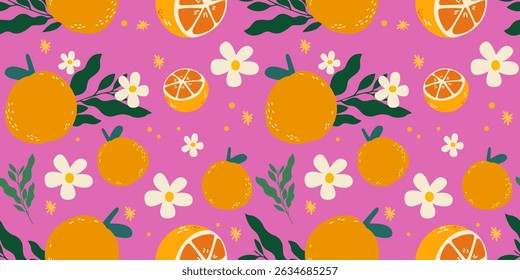 Nahtloses Muster mit Cartoon orange Obst, Blumen, Blätter, Zweig. Netter Sommerhintergrund im groovigen Retro-Stil für Stoff, Dekorpapier, Stoffdruck. Abstrakter Kunstdruck