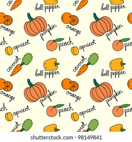 Seamless pattern with cartoon orange fruits and vegetables