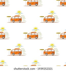Seamless pattern. Cartoon orange minivan with speed lines driving forward. Clouds with sun and road sign on white background in staggered