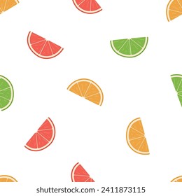 Seamless pattern cartoon oranges grapefruit, lime fruit, vector illustration of citrus slices. Background, wallpaper of juicy bright fruits.