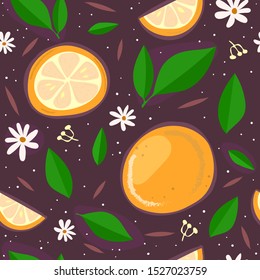 Seamless pattern with cartoon oranges, leaves, flowers, decor elements on a neutral background. vector. hand drawing. design for fabric, wrapper, textile, print