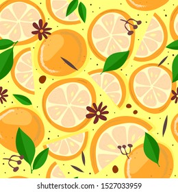 Seamless pattern with cartoon oranges, leaves, flowers, decor elements on a neutral background. vector. hand drawing. design for fabric, wrapper, textile, print