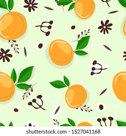 Seamless pattern with cartoon oranges, leaves, flowers, decor elements on a neutral background. vector. hand drawing. design for fabric, wrapper, textile, print