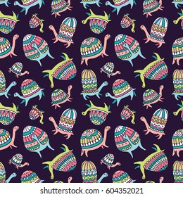 Seamless  pattern with cartoon ornamental turtles on the dark background. Vector hand drawn child design for fabric or wrap paper.