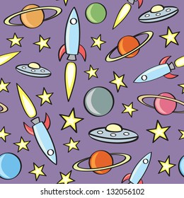 A seamless pattern of cartoon outer space objects.