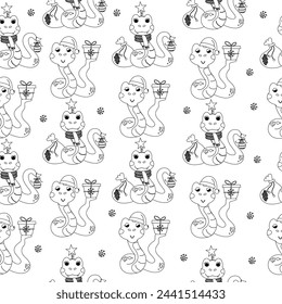 Seamless pattern cartoon outline color book character christmas snake 