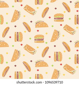 Seamless pattern with cartoon outline fast food in orange colors. Cute doodle fastfood including hamburger, taco, burrito, hot dog texture for textile, background, wrapping paper, package