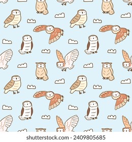 Seamless Pattern of Cartoon Owl Design on Light Blue Background