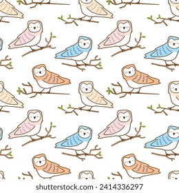 Seamless Pattern of Cartoon Owl Design on White Background