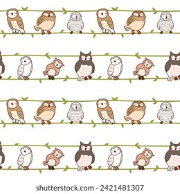 Seamless Pattern of Cartoon Owl Design on White Background with Green Line and Leaf