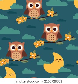 seamless pattern cartoon owl and moon in the night sky. cute wallpaper