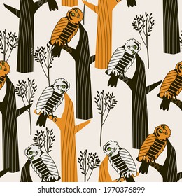 seamless pattern with cartoon owl and old tree, vector design for paper, fabric and other surface