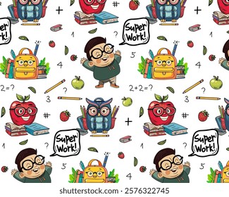 Seamless pattern with cartoon owl, student, backpack, and school supplies in a fun educational theme for kids and classrooms. Vector illustration.