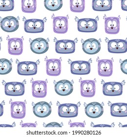 Seamless pattern with cartoon owls for children's prints.  Suitable for printing on fabrics, textiles, wrapping paper, packaging, postcards. 