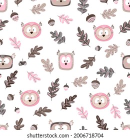 Seamless pattern with cartoon owls for children's prints. Suitable for printing on fabrics, textiles, wrapping paper, packaging, postcards. 