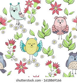 Seamless pattern with cartoon owls and colors on a white background. All elements are editable. Vector illustration.