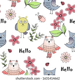 Seamless pattern with cartoon owls and colors on a white background. All elements are editable. Vector illustration.