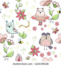 Seamless pattern with cartoon owls and colors on a white background. All elements are editable. Vector illustration.
