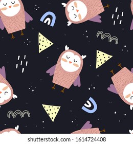 Seamless pattern with cartoon owls, decor elements on a neutral background. Flat style colorful vector illustration for kids. hand drawing. baby design for fabric, textile, print, wrapper.