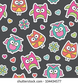 seamless pattern of cartoon owls and flowers