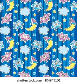 seamless pattern with cartoon owls in night sky