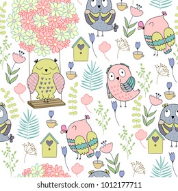 Seamless pattern with cartoon owls. Perfect for paper products, gift items and patterns, fabric design and others