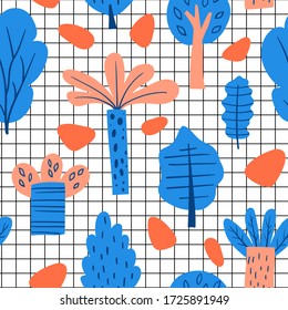 seamless pattern with cartoon palm trees, decor elements. Colorful vector flat style for kids. hand drawing. baby design for fabric, print, wrapper, textile