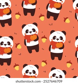 seamless pattern cartoon panda with autumn vibes. cute animal wallpaper for textile, gift wrap paper