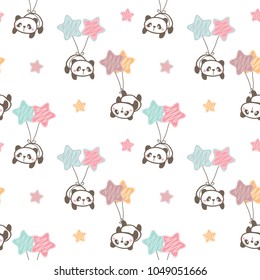 Seamless Pattern of Cartoon Panda, Balloon and Star Design on White Background