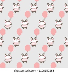 Seamless Pattern of Cartoon Panda with Balloon on Grey Background