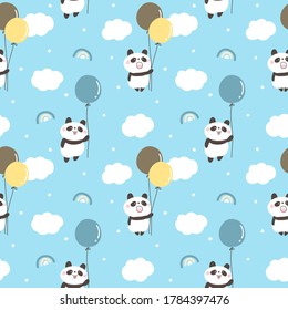 Panda de caricatura sin problemas con diseño en globo sobre fondo azul cielo con nubes y arcoiris