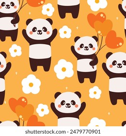 seamless pattern cartoon panda with balloon and sky element. cute animal wallpaper for textile, gift wrap paper
