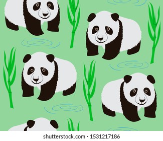 Seamless pattern of cartoon panda and bamboo. Childish repeatable textile vector, wallpaper design.